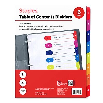 Staples Customizable Numeric Dividers, 1–8 Tabs, Multicolor – 6 Sets