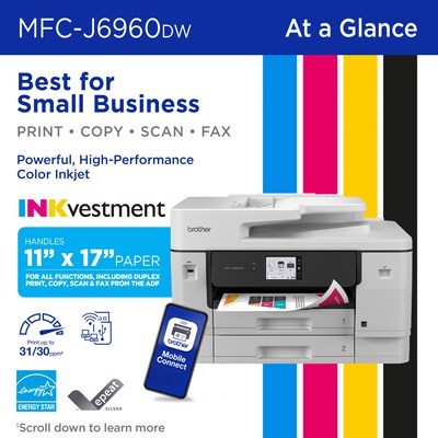 Brother INKvestment MFCJ6960DW Wireless Color Inkjet All-in-One Printer, Best for Home Office
