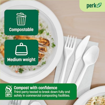 Perk™ Eco Compostable PLA Assorted Cutlery, Medium-Weight, White, 360/Pack (PK56205)