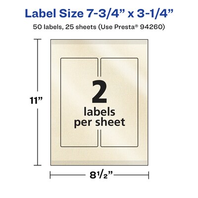 Avery Pearlized Ivory Rectangle Multipurpose Labels, 7.75" x 3.25", Ivory, 50/Pack (94260)