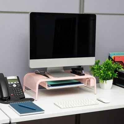 Mind Reader Monitor Stand with Paper Tray, Metal, Pink (MESHMONSTA-PNK)