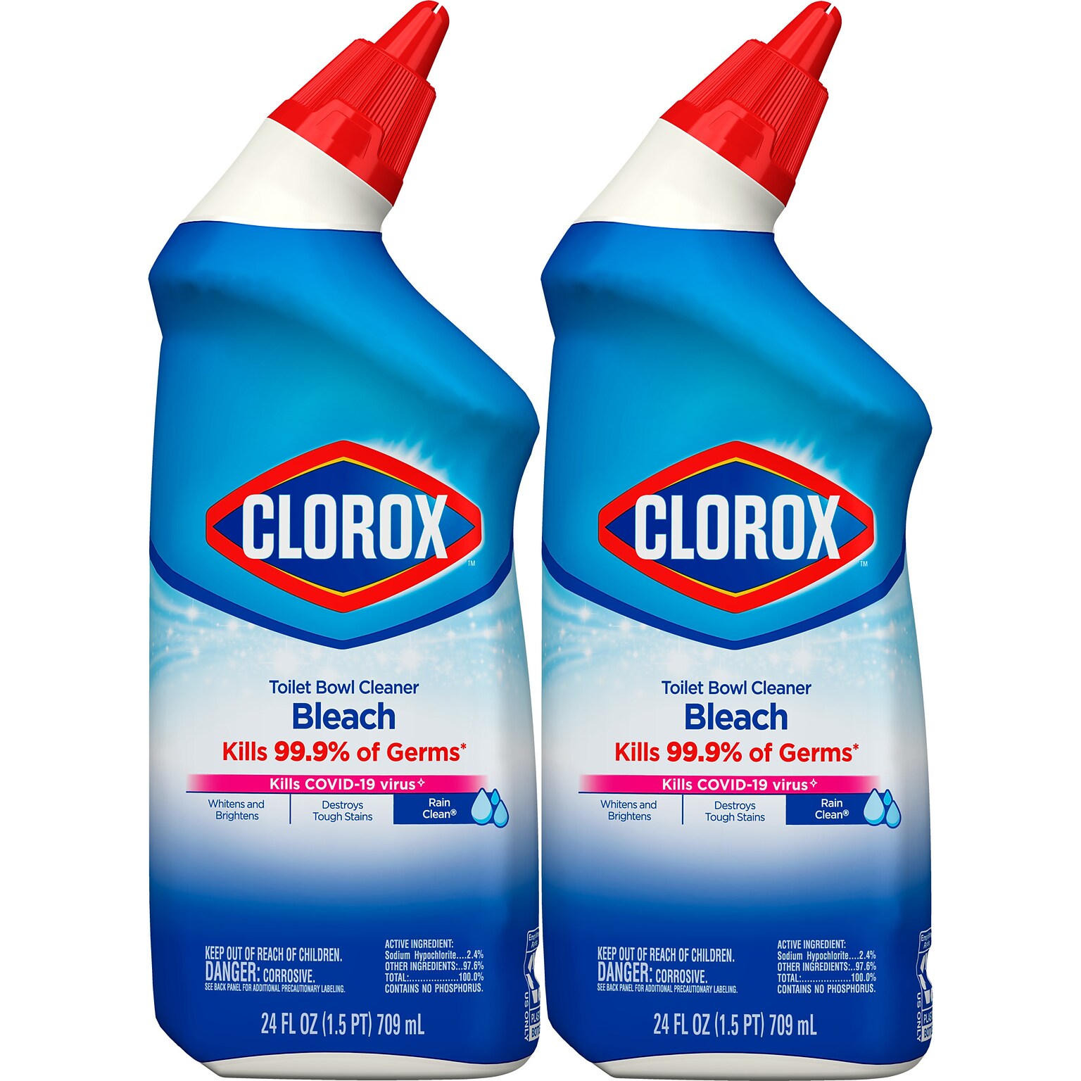 Clorox Disinfecting Toilet Bowl Cleaner with Bleach, Rain Clean Scent, 24 Oz., 2/Pack, 6 Packs/Carton (30924)