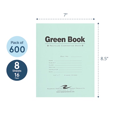 Roaring Spring Paper Products Exam Notebooks, 7" x 8.5", Wide Ruled, 8 Sheets, Green, 600/Case (77508CS)