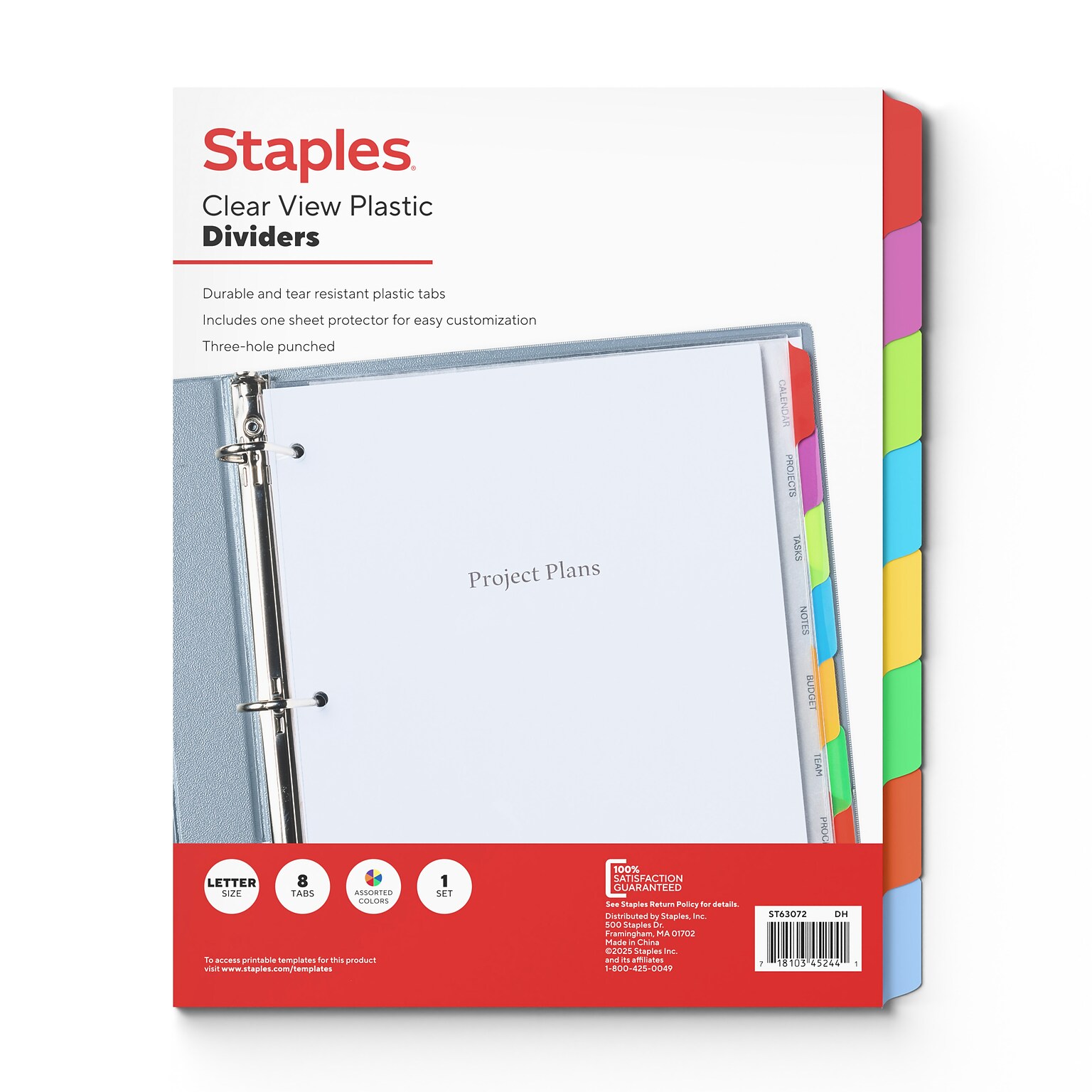 Staples View Plastic Dividers, Multicolor, 8-Tabs (ST63072)