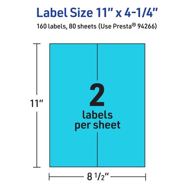 Avery Printable Rectangle Multipurpose Labels, 11" x 4.25", Bright Blue, 160/Box (94266)