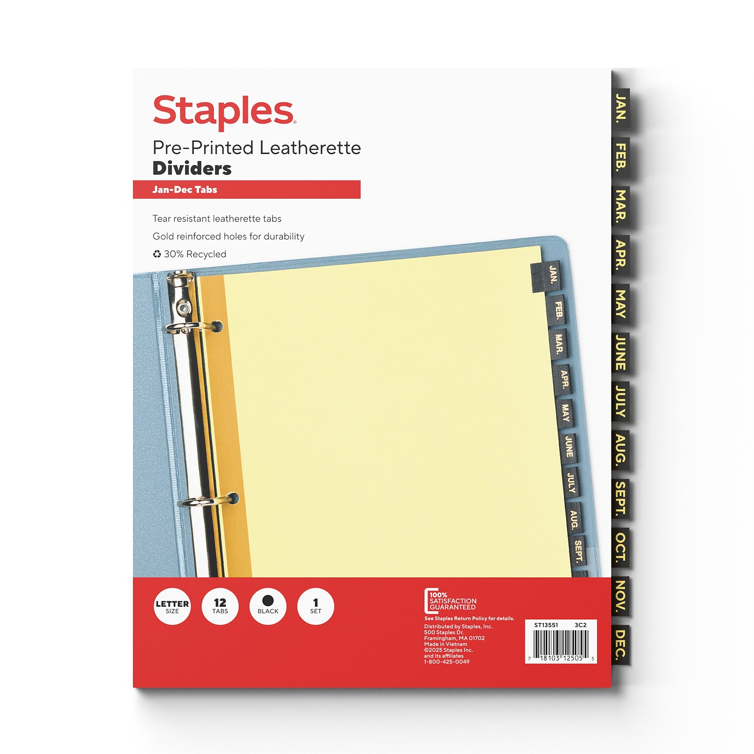 Staples Pre-Printed Monthly Leatherette Index, Black  (13551/11484)