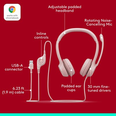 Logitech H390 USB-A Stereo Phone & Computer Headset, Rose (981-001280)