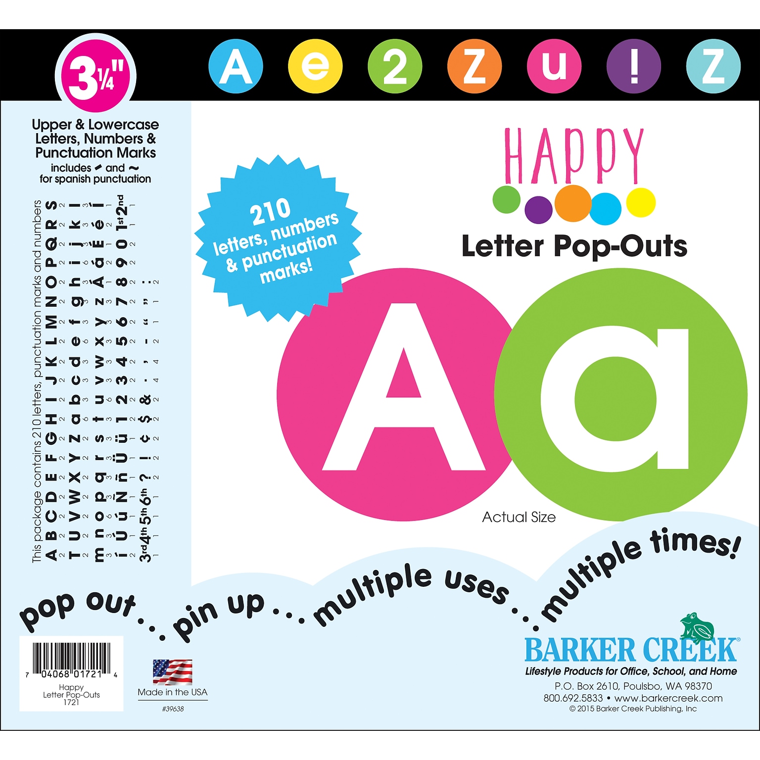 Barker Creek Happy 3 1/4 Letters and Numbers, Multicolor, 210 Characters/Set (1721)