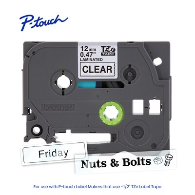 Brother P-touch Laminated Label Tape, ~1/2" x 26.2', Black on Clear (TZe131)