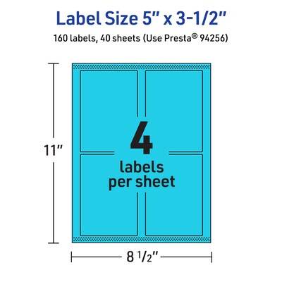 Avery Laser/Inkjet Multipurpose Rectangle Labels, 5" x 3.5", Bright Blue, 160/Pack (94256)