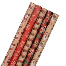 JAM Paper® Kraft Wrapping Paper Rolls - 125 sq ft. - Kraft Christmas Set - 5 Rolls/Pack