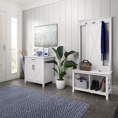 Bush Furniture Key West 66" Entryway Storage Set with Hall Tree, Shoe Bench, and Armoire Cabinet, Pure White Oak (KWS055WT)
