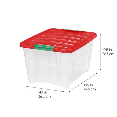 Iris Holiday Medium Stackable Plastic Storage Box, 10.5" x 14.4" x 18.5", 32 Qt., Clear/Red, 4/Pack (500532)