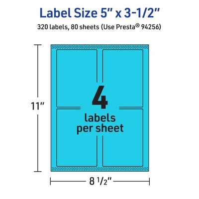 Avery Laser/Inkjet Multipurpose Rectangle Labels, 5" x 3.5", Bright Blue, 320/Box (94256)