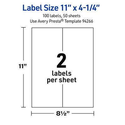Avery Rectangle Laser Multipurpose Labels, 11" x 4.25", White, 100/Box (19479399386)
