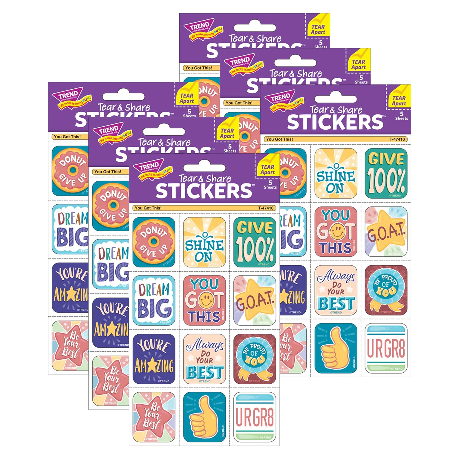 Trend Enterprises You Got This! Tear & Share Stickers, Multicolored, 60/ Pack, 6/Packs/Bundle (T-47410-6)