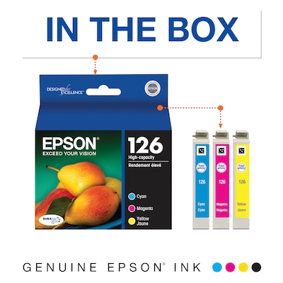 Epson T126 Cyan/Magenta/Yellow High Yield Ink Cartridge, 3/Pack  (T126520-S)