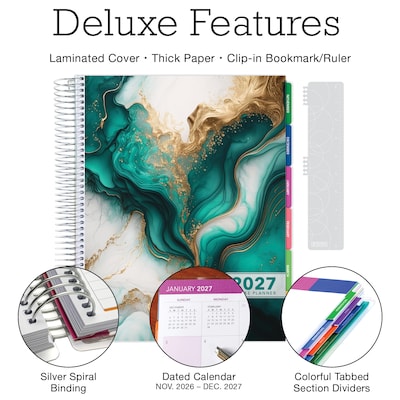 2027 Excello Brands 10.3 x 12.3 Weekly & Monthly Standard Planner, Plastic Cover, Teal Gold Marble (DLX-CY27-0054)