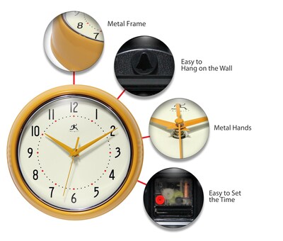 Infinity Instruments Round Retro Saffron Wall Clock, Aluminum, 9.5" (10940SY)
