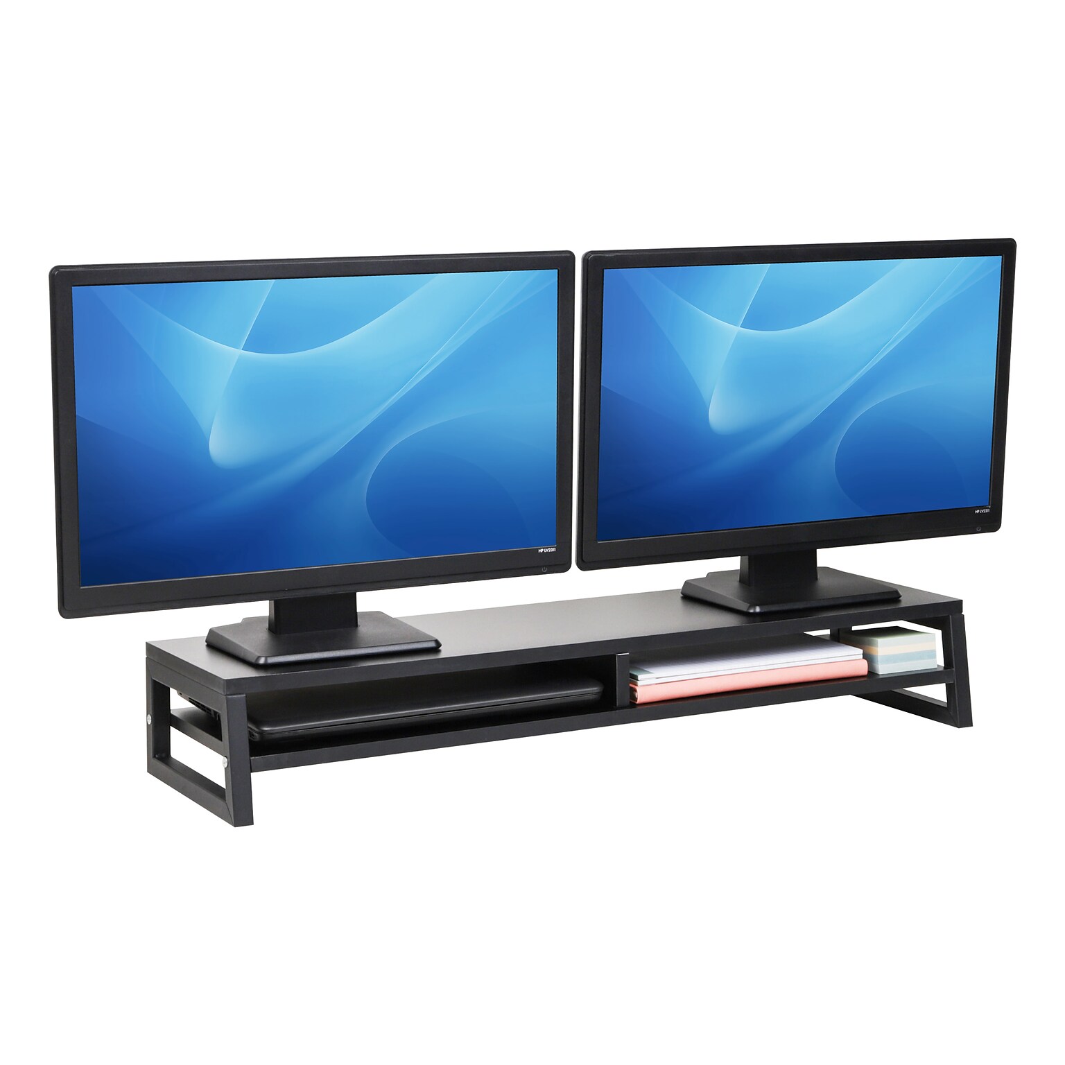 Mind Reader 2-Tier MDF Double Monitor Stand, Dual Screen Riser with Storage Shelf, Up to 88 lbs., Black (DBMONMDF-BLK)
