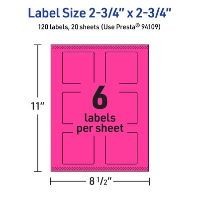 Avery Square Laser/Inkjet Multipurpose Labels, 2.75" x 2.75", Neon Magenta (120/Pack)