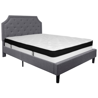 Flash Furniture Brighton Tufted Upholstered Platform Bed in Light Gray Fabric with Memory Foam Mattr