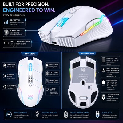 SaharaCase Pathfinder Ergonomic Ambidextrous Laser 2.4 GHz Gaming Mouse, White (KB63)