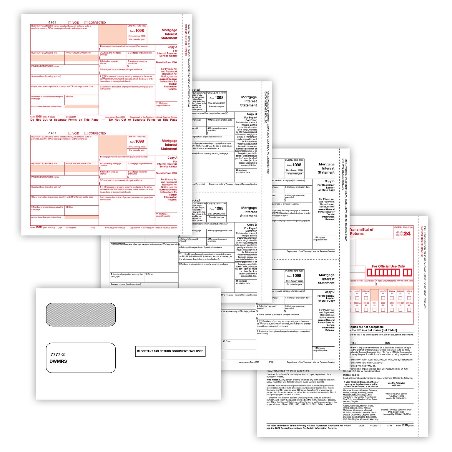 ComplyRight 2024 1098 Tax Form Envelopes, 3-Part, 2-Up, Copies A, B, C and/or State, 10/Pack (6108E10)