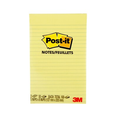 Post-it® Notes, 5 x 8, Canary Yellow, Lined, 50 Sheets/Pad, 2 Pads/Pack (663-YW)