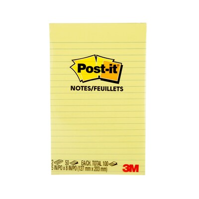 Post-it Notes, 5 x 8, Canary Collection, Lined, 50 Sheet/Pad, 2 Pads/Pack (663-YW)