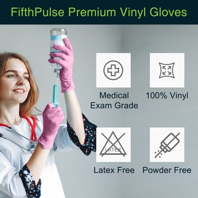 FifthPulse Powder Free Vinyl Exam Gloves, Latex Free, Large, Pink, 100/Box (FMN100043)