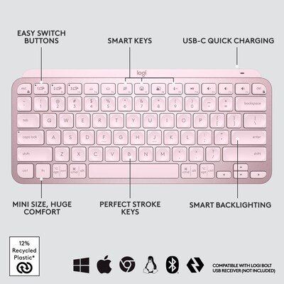 Logitech MX Keys Mini Wireless Ergonomic Keyboard, Rose (920-010474)