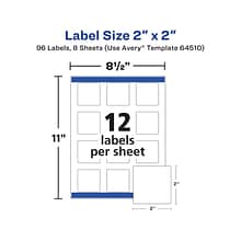 Avery Laser/Inkjet Multipurpose Label, 2 x 2, White, 12 Labels/Sheet, 8 Sheets/Pack (64510)
