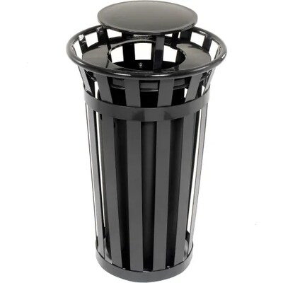 Global Industrial Outdoor Slatted Steel Trash Can w/ Rain Bonnet Lid, 24 Gallon, Black (260803BK)