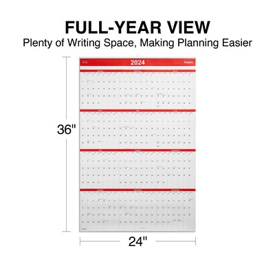 2025 Staples 24" x 36" Wall Calendar, Red/Black/White (ST53999-25)