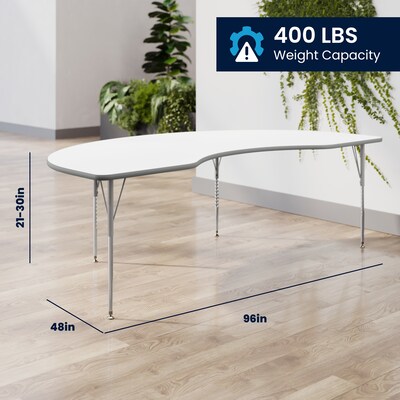 Flash Furniture Wren Kidney Activity Table, 96" x 48", Height Adjustable, White Top/Silver Frame (XUA4896KDWHTA)