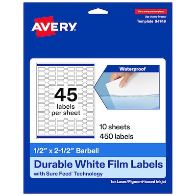 Avery Barbell Laser/Inkjet Multipurpose Labels, 0.5 x 2.5, White, 450 Labels/Pack (94749)