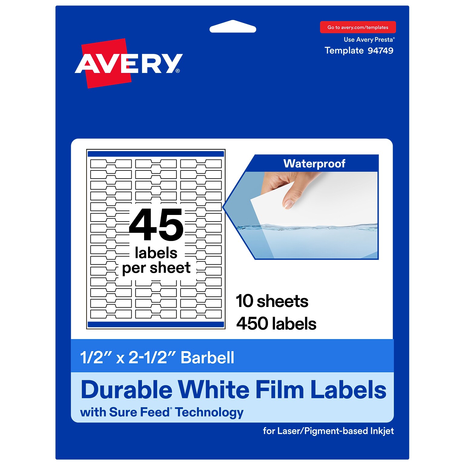 Avery Barbell Laser/Inkjet Multipurpose Labels, 0.5 x 2.5, White, 450 Labels/Pack (94749)