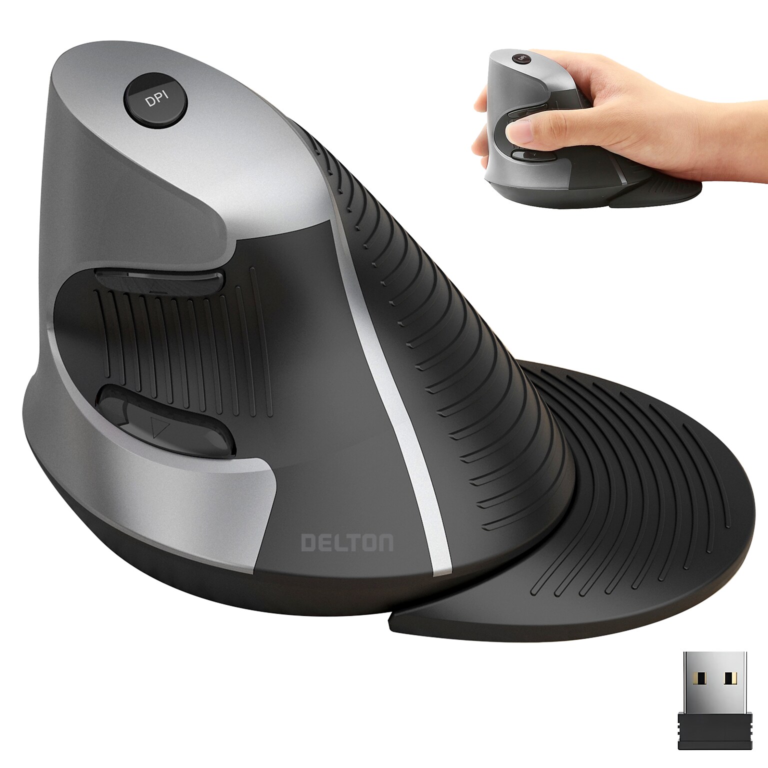Delton S22 Wireless Ergonomic Vertical Optical Mouse, Gray/Black (DMERGS22-WB)