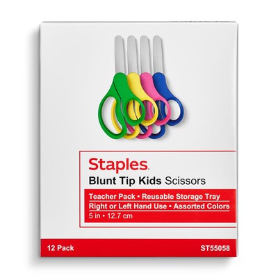 Staples Teacher Pack 5" Kids Blunt Tip Stainless Steel Scissors, Straight Handle, Right and Left Handed, 12/Pack (TR55058)