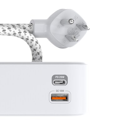 STANLEY SurgeMax 4-Outlet Surge Protector Power Strip with 2-USB Ports & Braided Fabric Cord, 6-ft., 600 Joules, White (33253)
