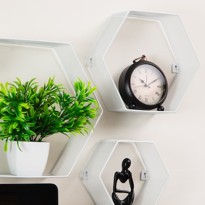 Mind Reader Metal Honeycomb Hexagon Floating Shelves, White, 3/Set (WALL3PC-WHT)