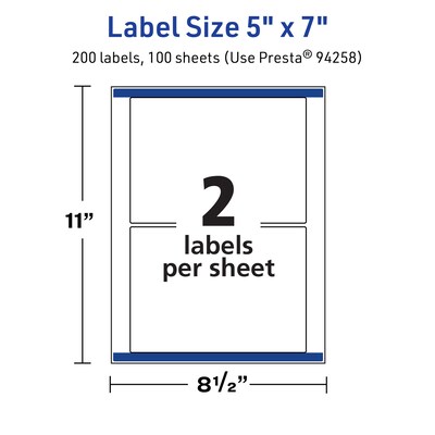 Avery TrueBlock Laser/Inkjet Multipurpose Rectangle Labels, 5" x 7", White, 200 Labels/Box (94258)