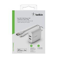 Belkin BOOST CHARGE Dual USB-A Wall Charger, 24W + Lightning to USB-A Cable, White