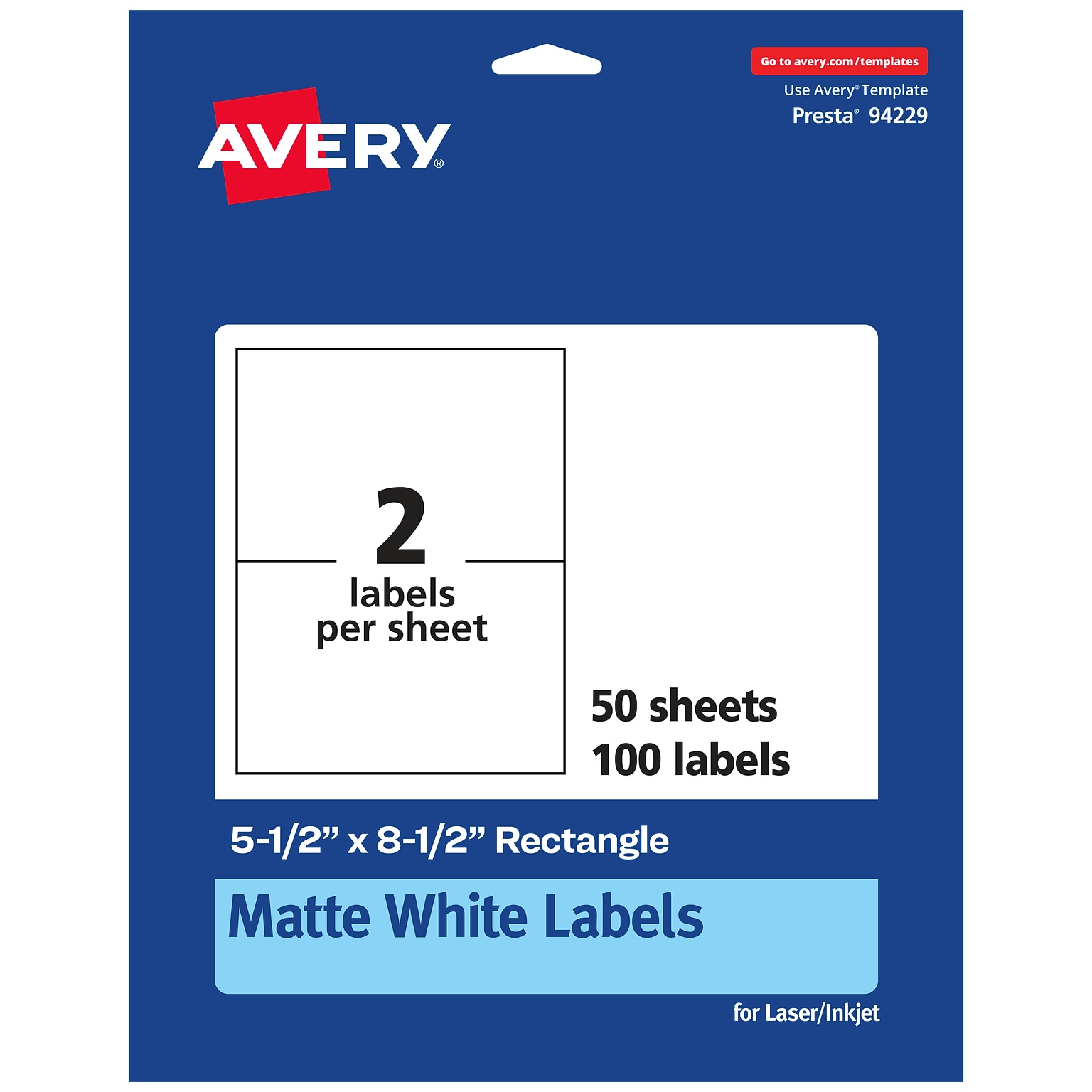 Avery Laser/Inkjet Multipurpose Labels, 5 1/2 x 8 1/2, White, 2 Labels/Sheet, 50 Sheets/Pack (94229-WMP50)