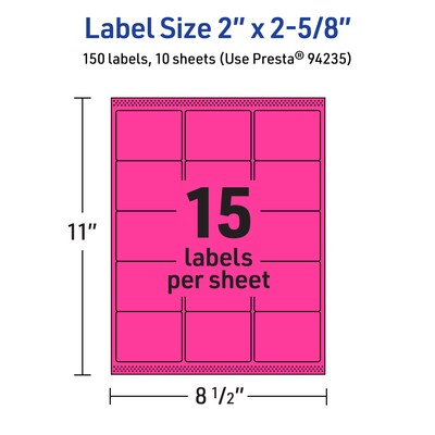 Avery Laser/Inkjet Rectangle Multipurpose Labels, 2" x 2-5/8", Neon Magenta, 150/Pack (94235)