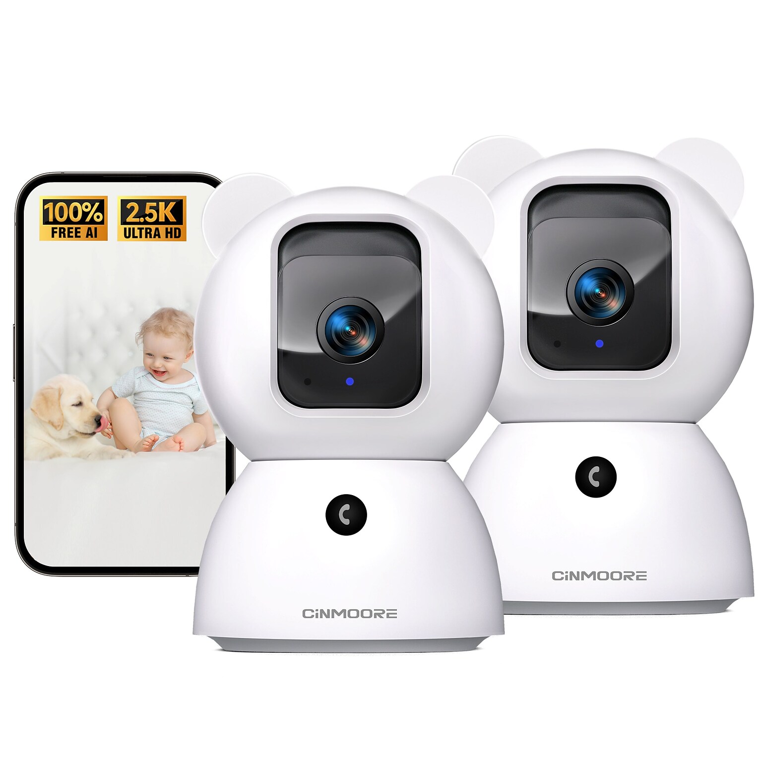 Cinmoore C2U 3K Smart Indoor Security Camera, Dual WiFi 6, White, 2/Pack