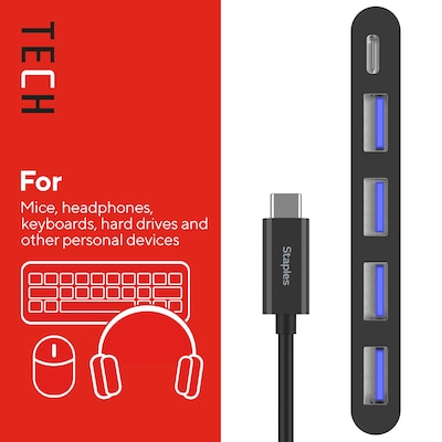 Staples TECH 4-Port USB 3.0 Hub, Black (ST62372)