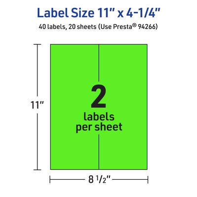 Avery Rectangle Multipurpose Labels, 11" x 4.25", Neon Green, 40/Pack (94266)