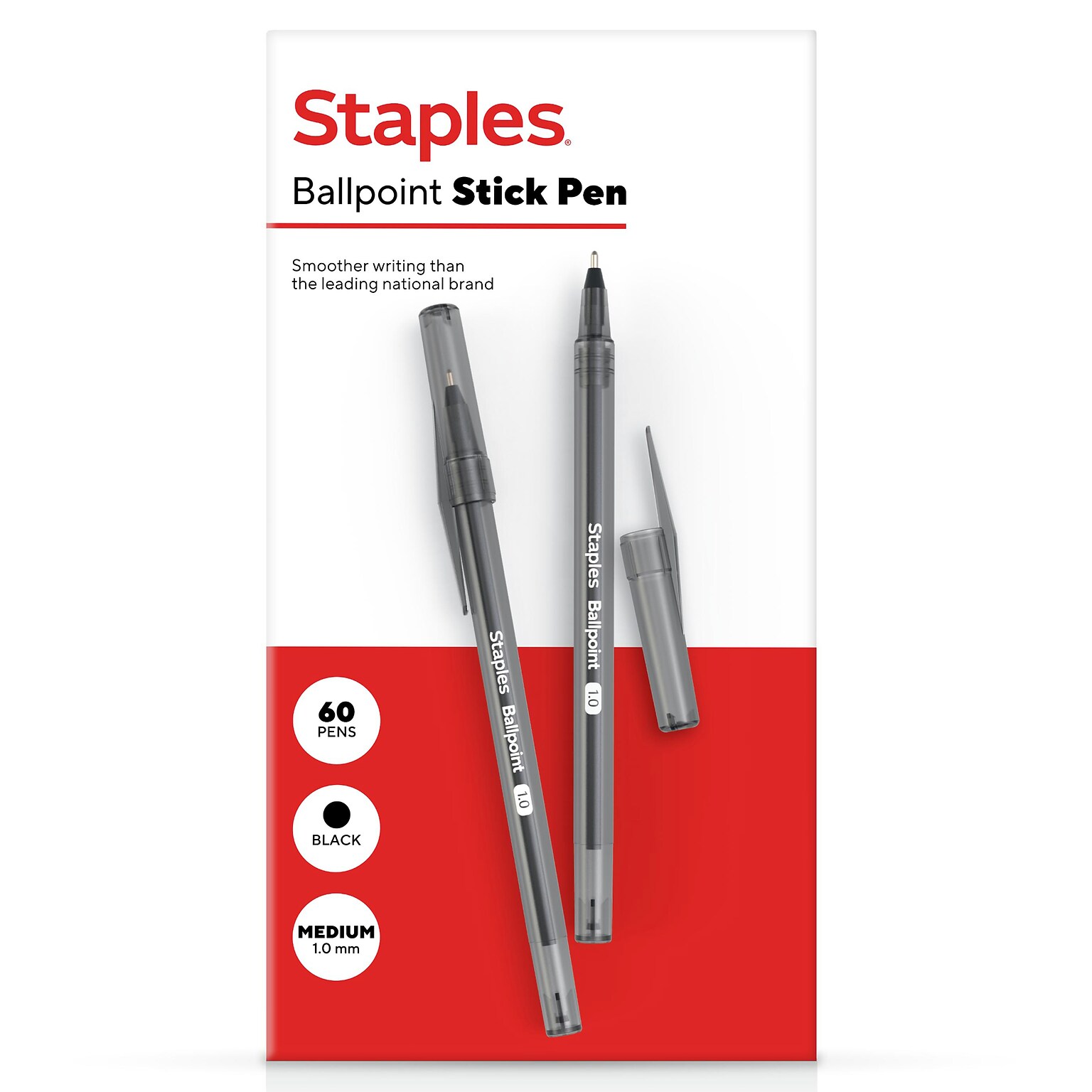 Staples Ballpoint Pen, Medium Point, 1.0mm, Black Ink, 60/Pack (ST52862	)